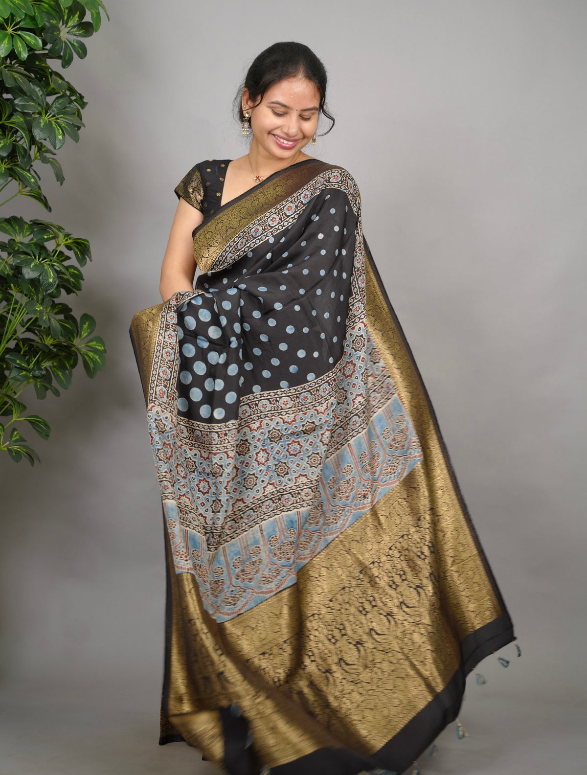Ajrakh Dola Silk Saree - Black | Looms & Tassels