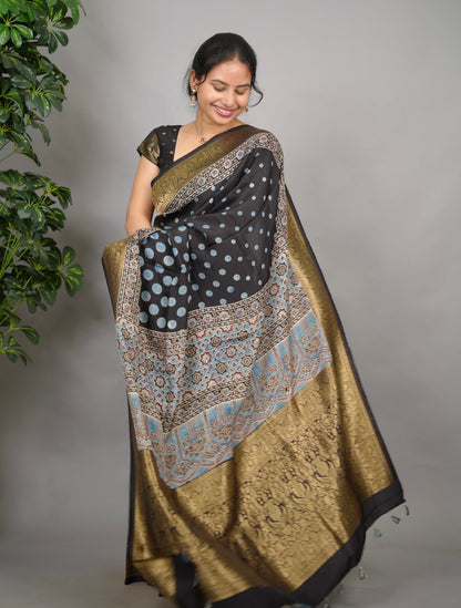 Ajrakh Dola Silk Saree - Black | Looms & Tassels