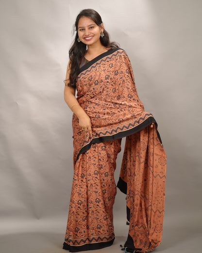 Peach Authentic Ajrakh Handblock Printed Modal Silk Saree | Looms & Tassels