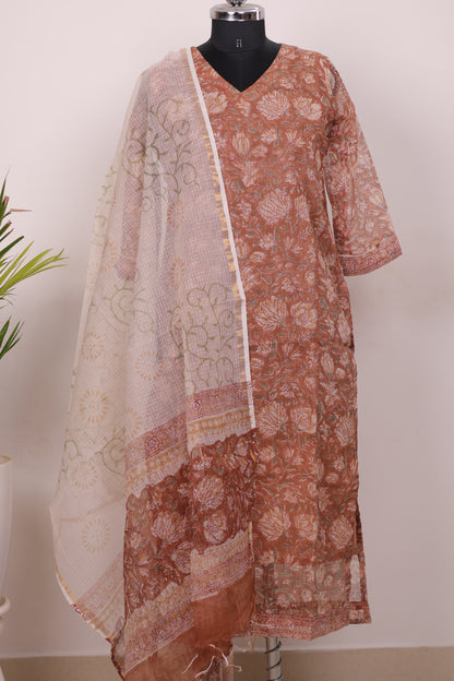 Brown Handblock printed kota 3 piece suit (stitched)