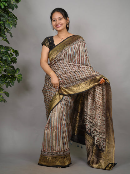 Contemporary Ajrakh Handblock printed Dola Silk Saree | Looms & Tassels