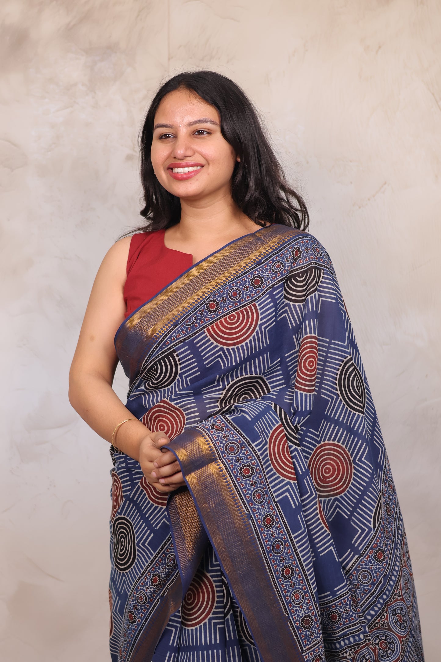 Indigo Ajrakh Hand Block Printed Mangalagiri Cotton Saree | Looms & Tassels