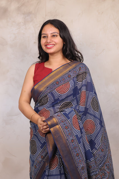 Indigo Ajrakh Hand Block Printed Mangalagiri Cotton Saree | Looms & Tassels
