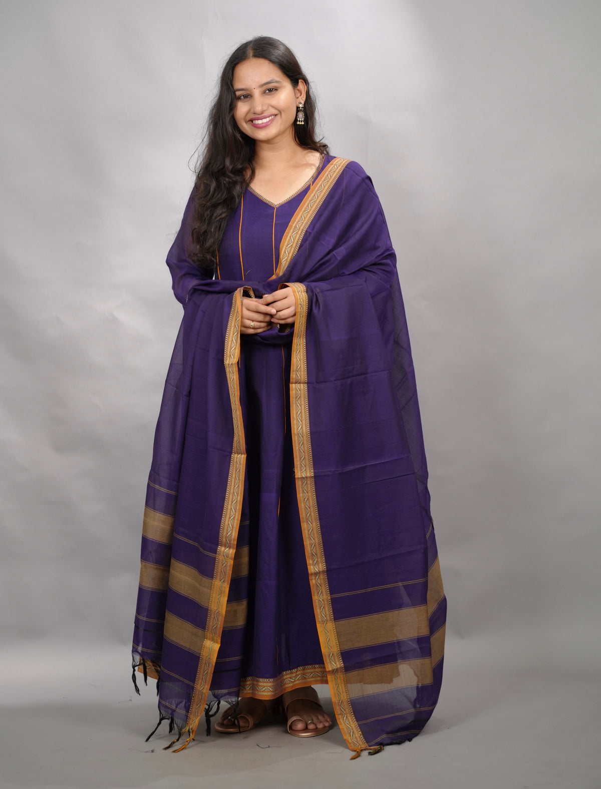 Violet Narayanpet Cotton Anarkali Dress with Narayanpet Dupatta | Looms & Tassels