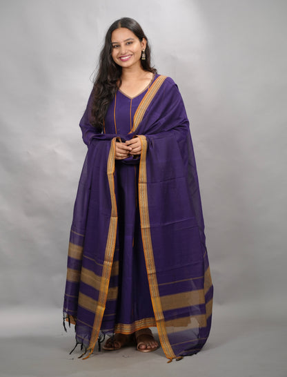 Violet Narayanpet Cotton Anarkali Dress with Narayanpet Dupatta | Looms & Tassels