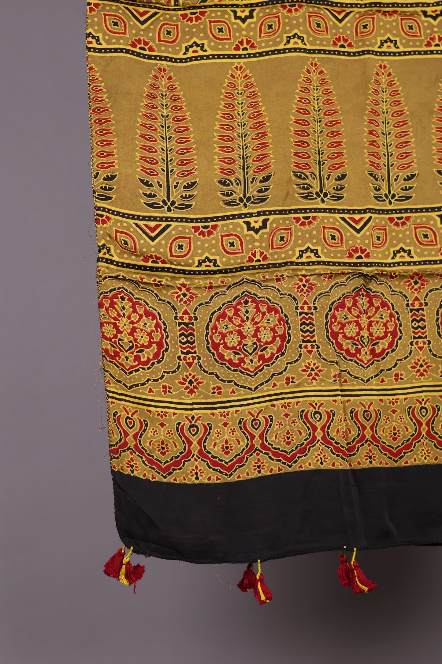 Mustard Ajrakh Hand Block Printed Modal Silk Stole | Looms & Tassels