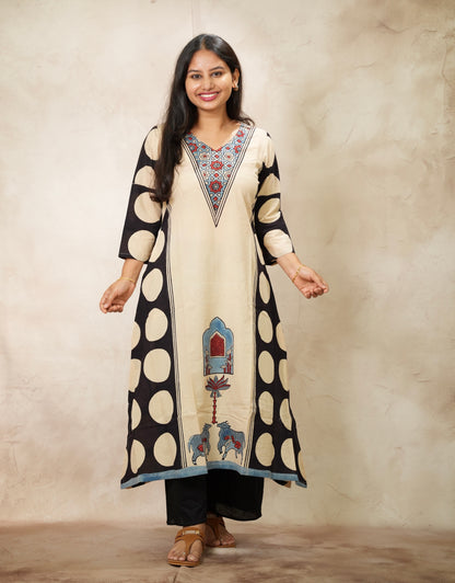 Cream Ajrakh Pattern Hand Block printed Aline Kurti | Looms & Tassels