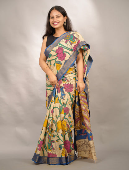 Cream Kalamkari Nizam Border Chennur Silk Saree | Looms & Tassels