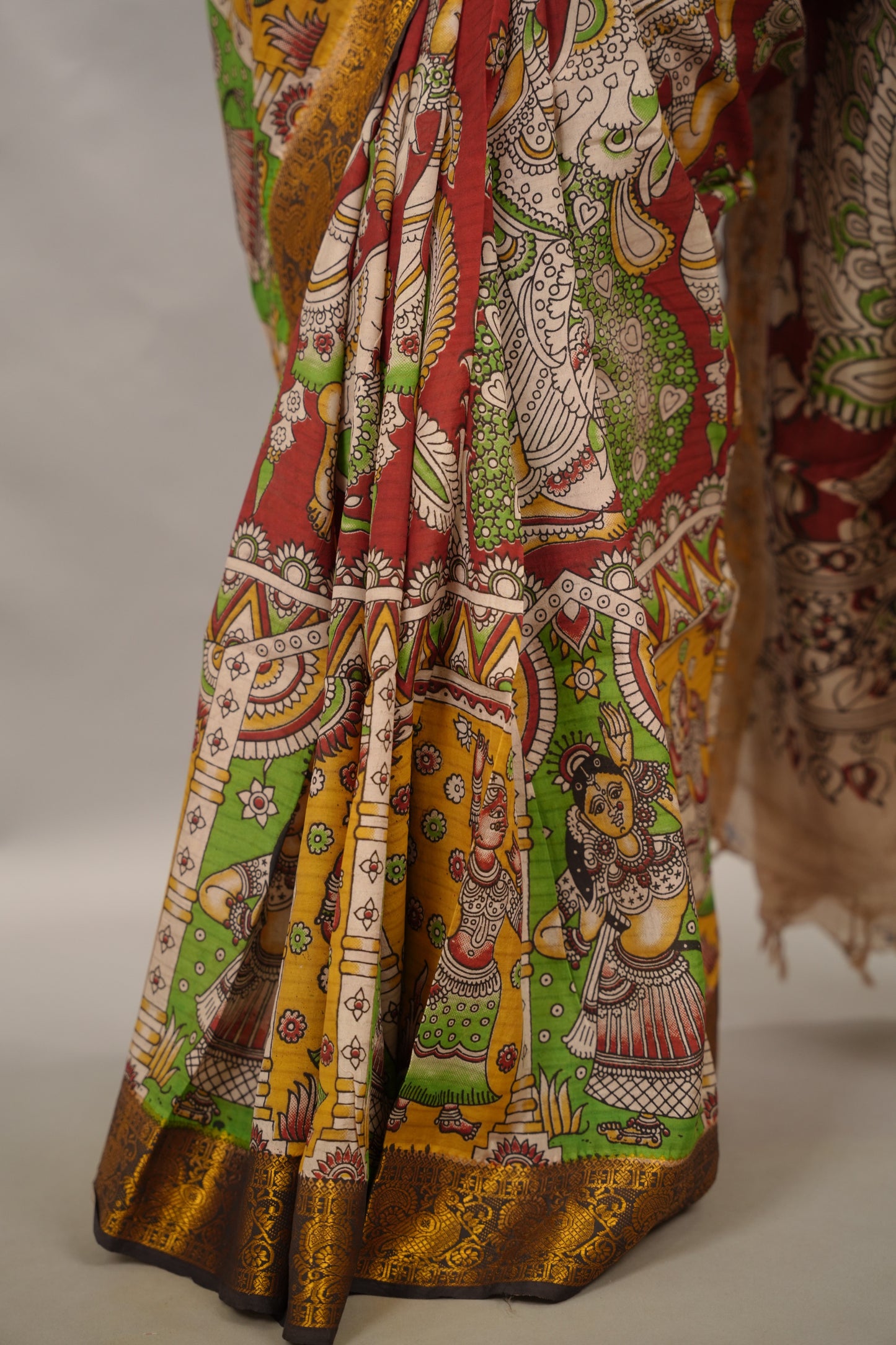 Red Kanchi border Kalamkari chennur silk saree