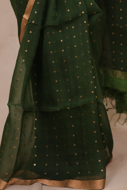 Green Handwoven Muslin Silk Saree With Sequence Work | Looms & Tassels