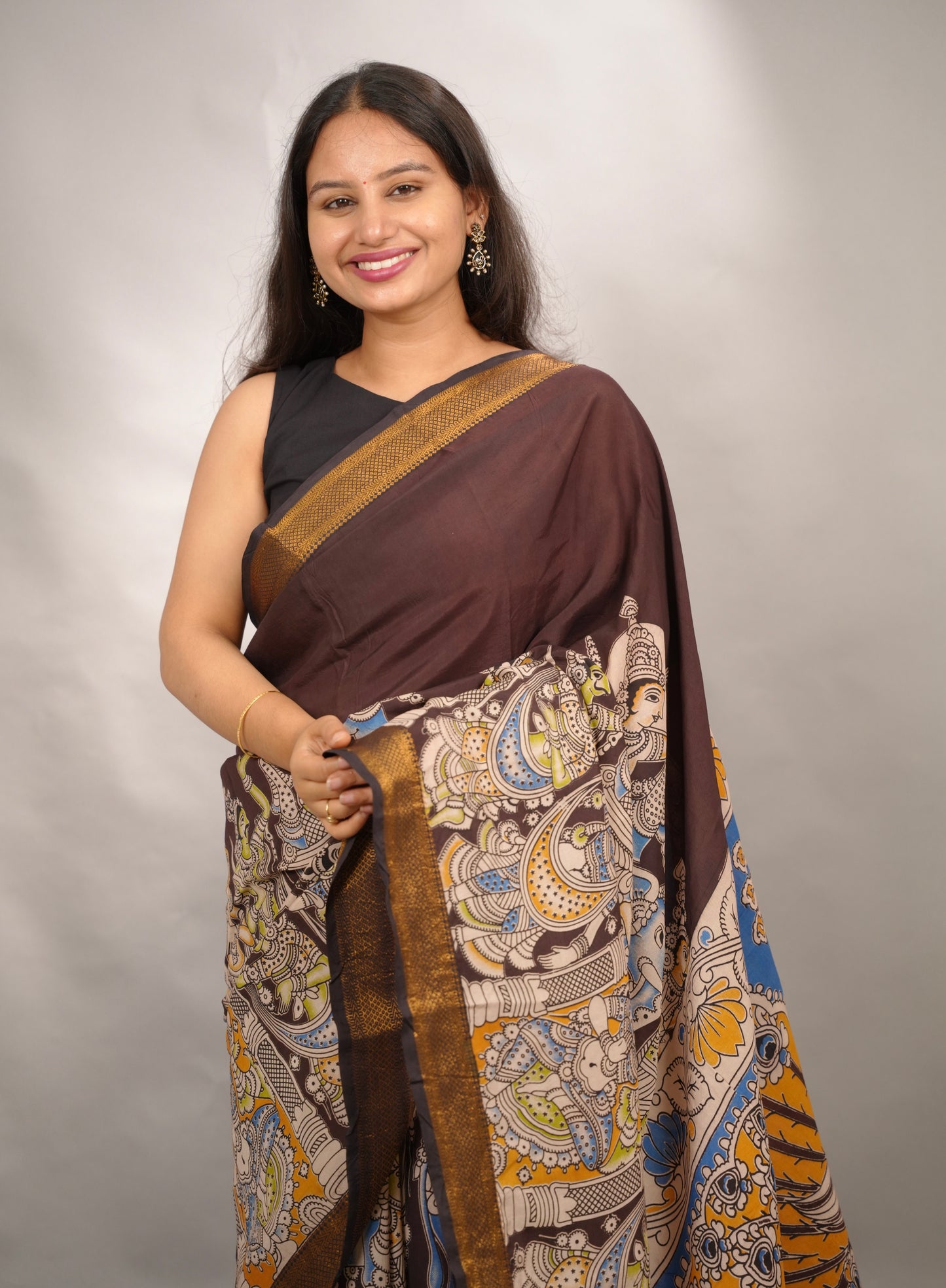 Brown Story Telling Kalamkari Nizam Border Chennur Silk Saree | Looms & Tassels
