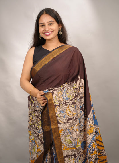 Brown Story Telling Kalamkari Nizam Border Chennur Silk Saree | Looms & Tassels