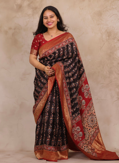 Black Ajrakh Handblock printed Dola Silk Saree | Looms & Tassels