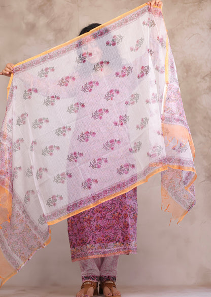 Pink Sangneri Handblock printed kota 3 piece suit (stitched)