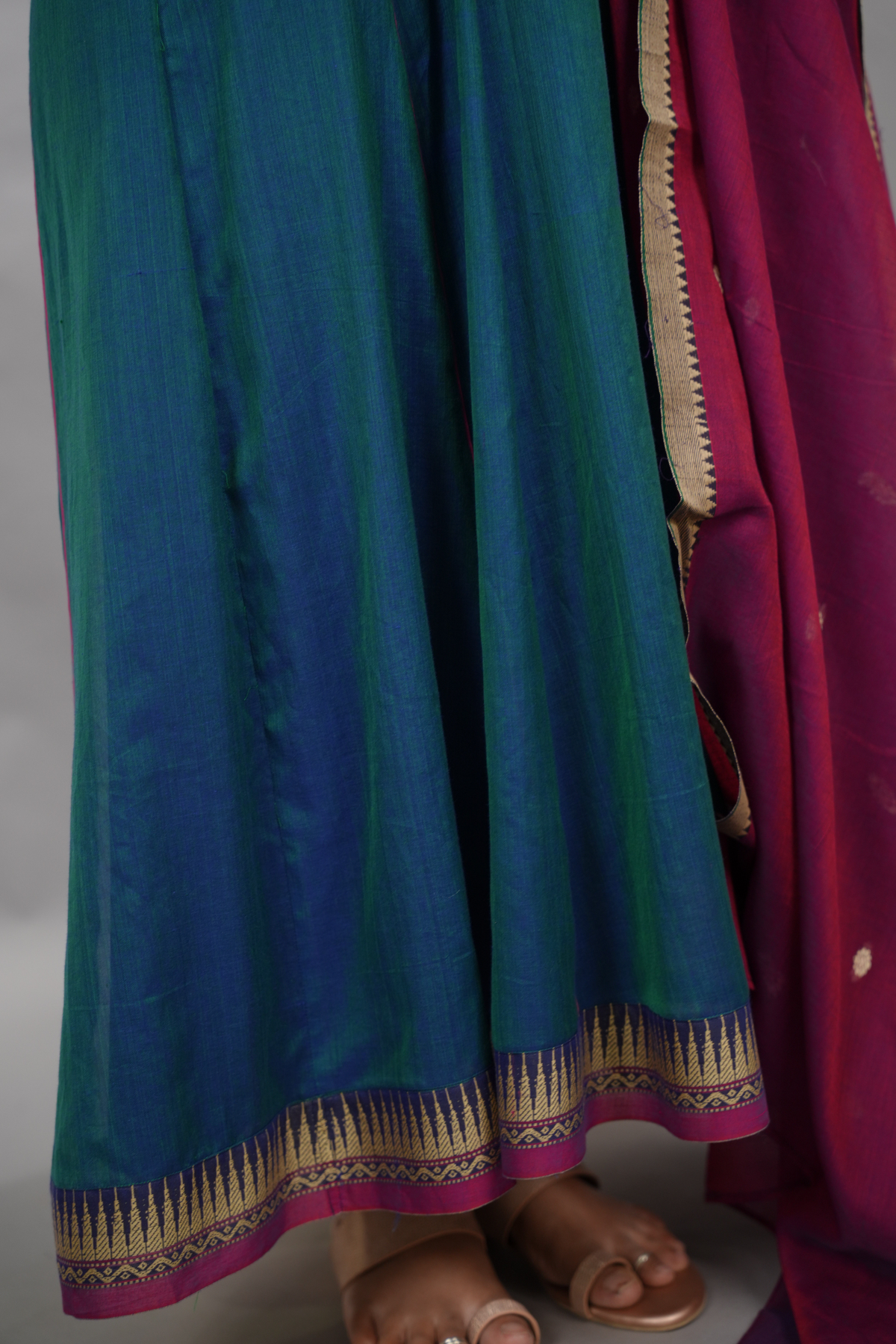 Rama Blue Narayanpet Cotton Anarkali Dress with Magenta Narayanpet Dupatta | Looms & Tassels