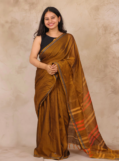 Mustard Narayanpet Cotton Saree | Looms & Tassels