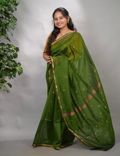 Green Handloom Maheswari Silk Cotton Sarees | Looms & Tassels