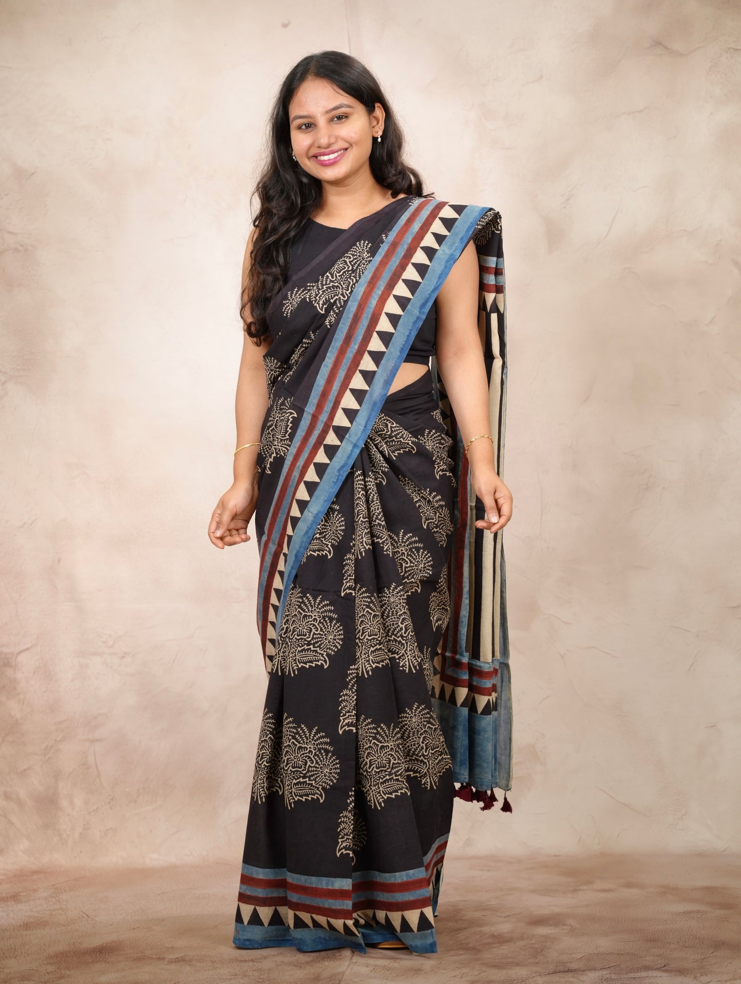 Black Ajrakh Hand Block Printed Cotton Saree | Looms & Tassels