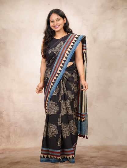 Black Ajrakh Hand Block Printed Cotton Saree | Looms & Tassels