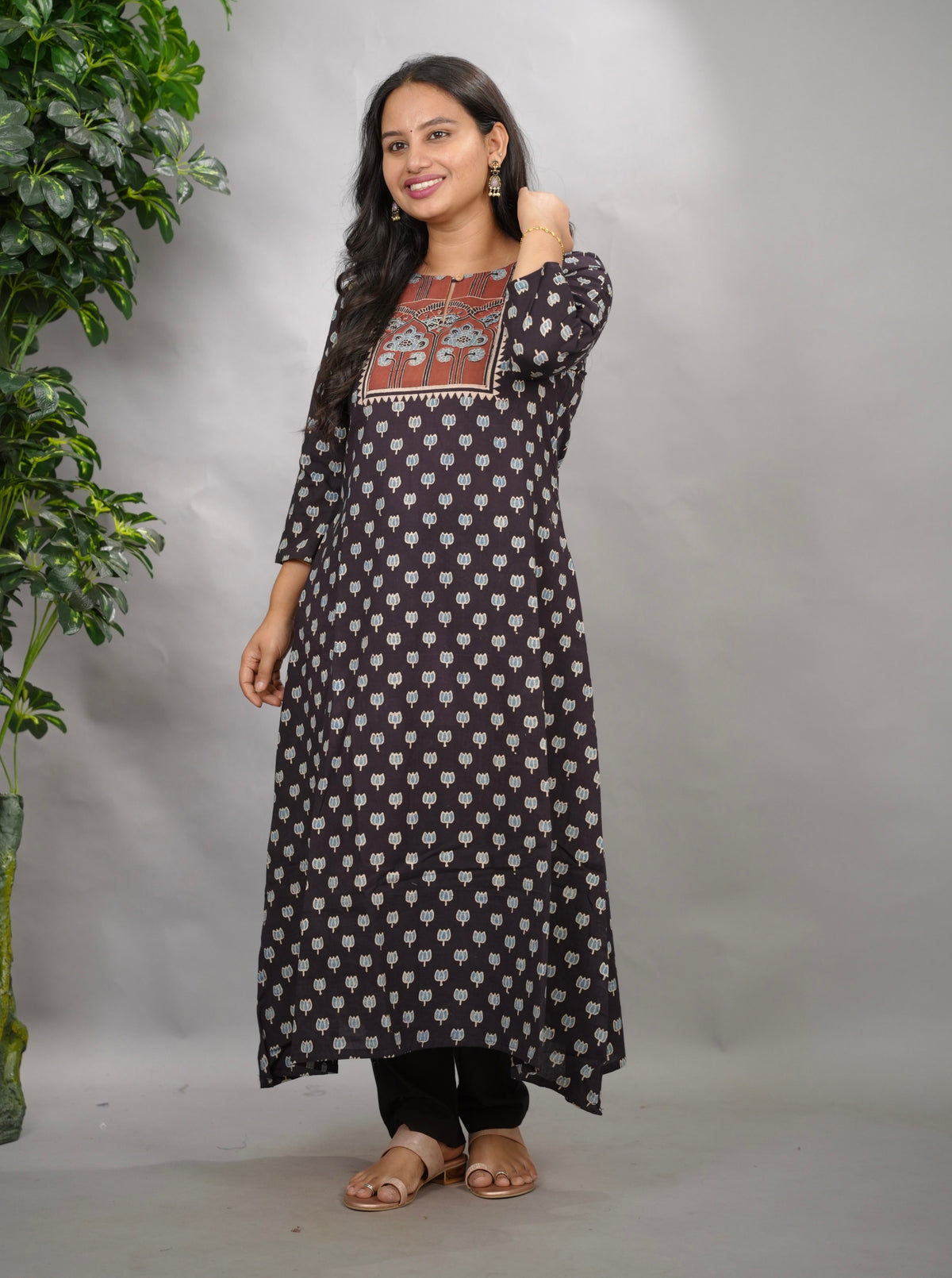 Black Ajrakh Pattern Hand Block printed Aline Kurti | Looms & Tassels