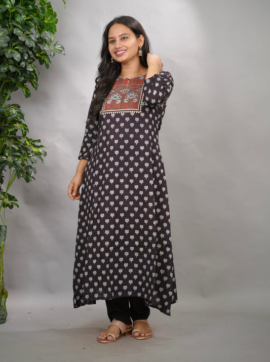 Black Ajrakh Pattern Hand Block printed Aline Kurti | Looms & Tassels