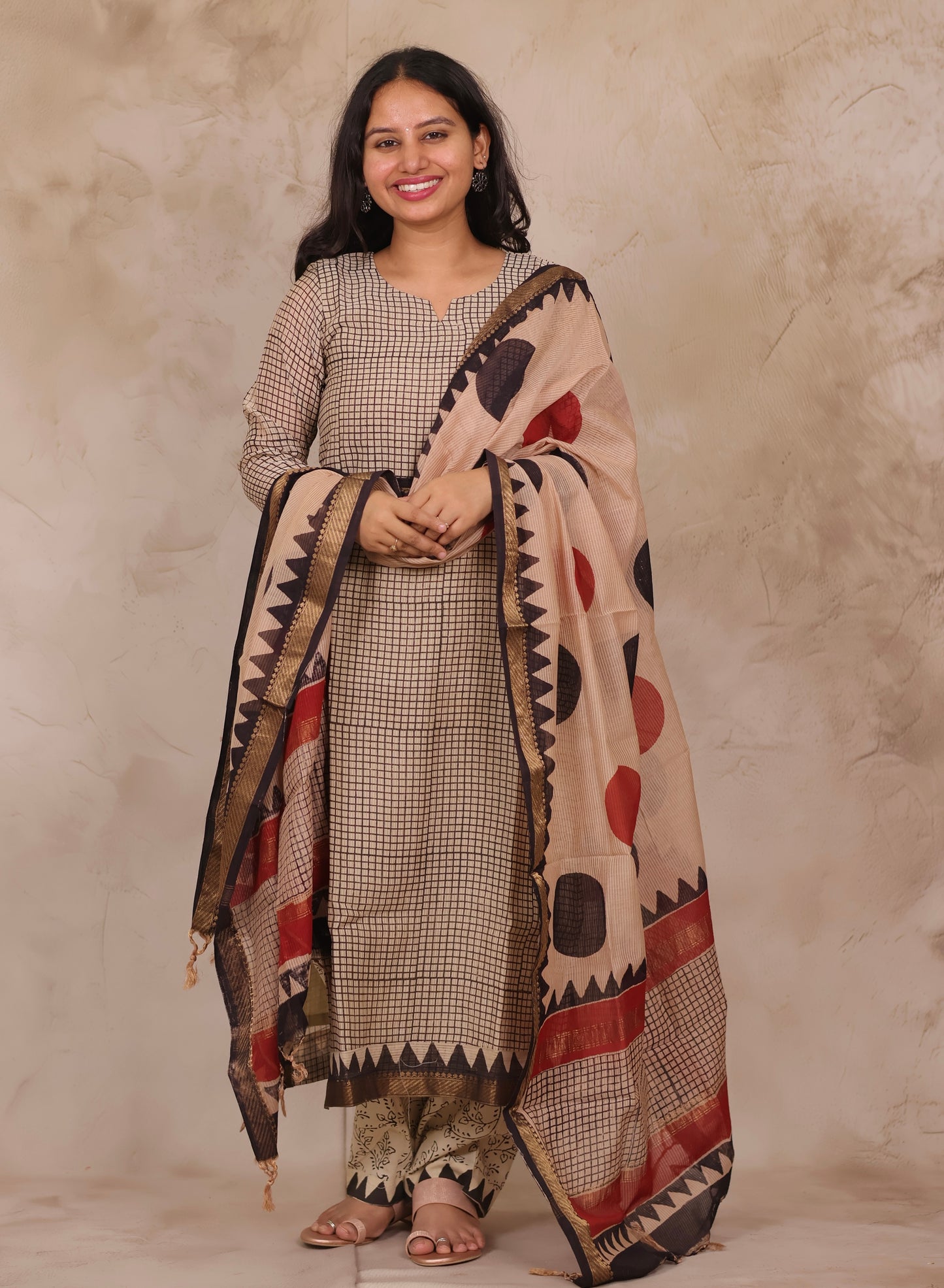 Cream stripes Handblock printed Pure Maheswari Silk 3 piece suit (stitched)