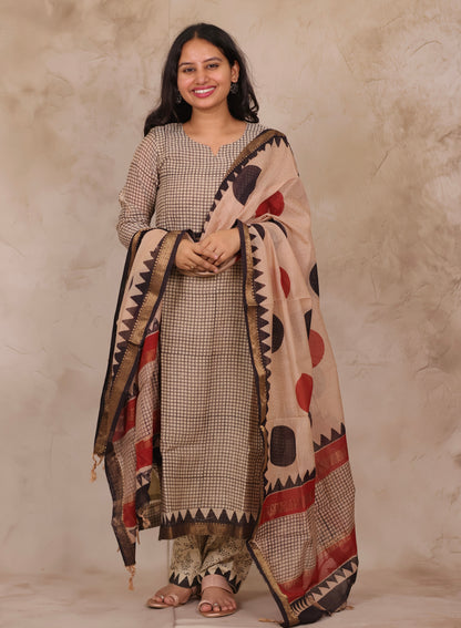 Cream stripes Handblock printed Pure Maheswari Silk 3 piece suit (stitched)