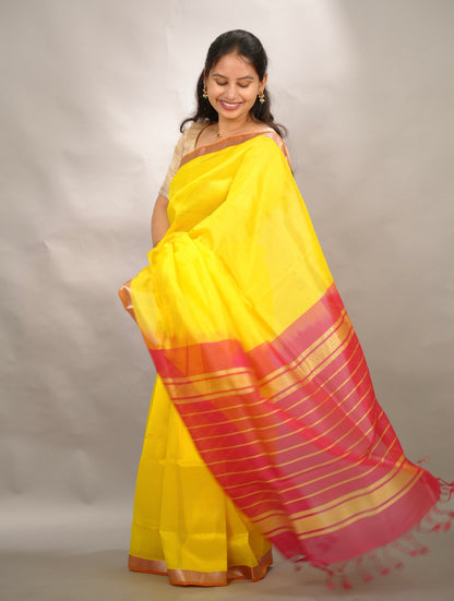 Yellow & Pink Handloom Mangalagiri Silk Saree| Looms & Tassels