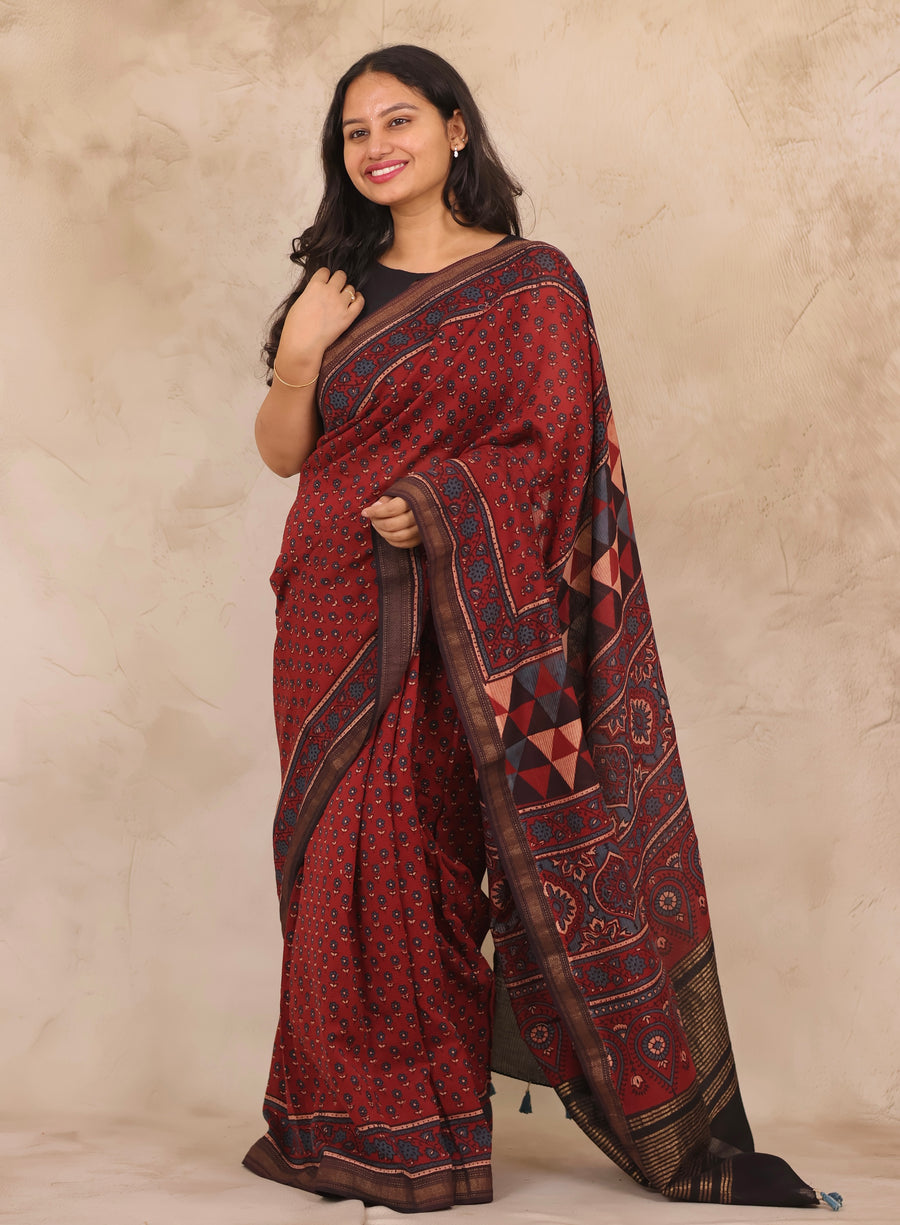 Maheswari Silk Cotton Ajrakh Handblock Printed Saree | Looms & Tassels
