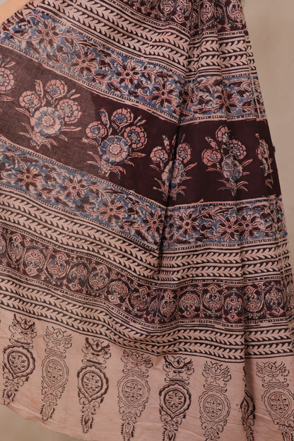 Brown Hand Block Printed Kalamkari Cotton Saree | Looms & Tassels