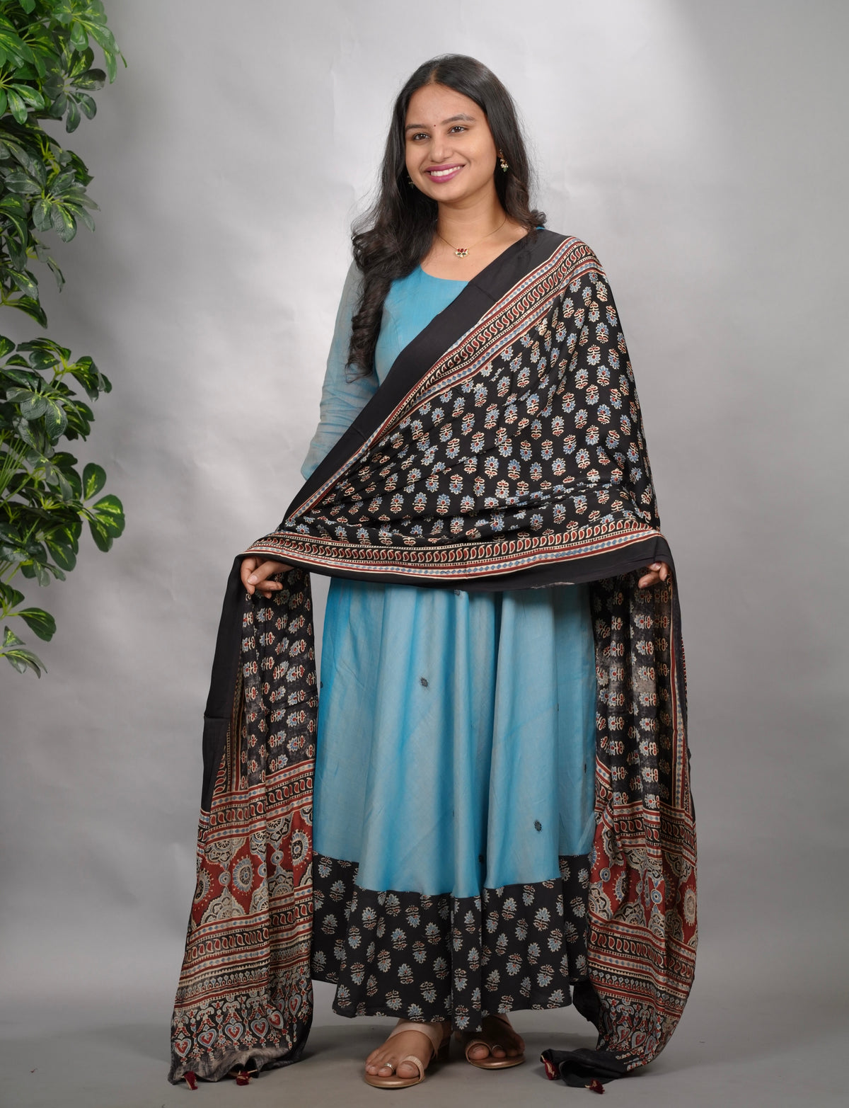 Sky Blue Ajrakh Patch Work Narayanpet Cotton Anarkali Dress with Ajrakh Modal Silk Dupatta | Looms & Tassels