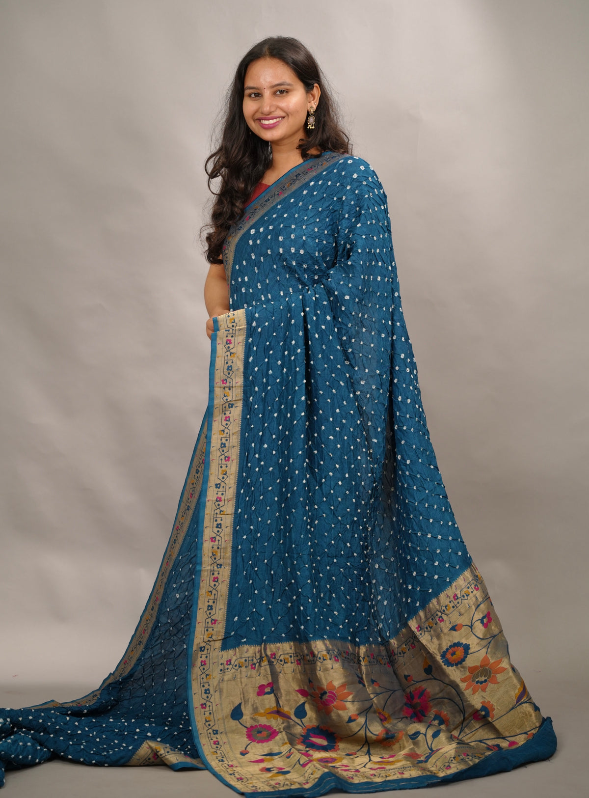 Cyan Blue Handcrafted Bandhani Paithani Dola Silk Saree | Looms & Tassels