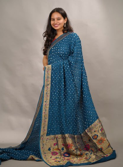 Cyan Blue Handcrafted Bandhani Paithani Dola Silk Saree | Looms & Tassels