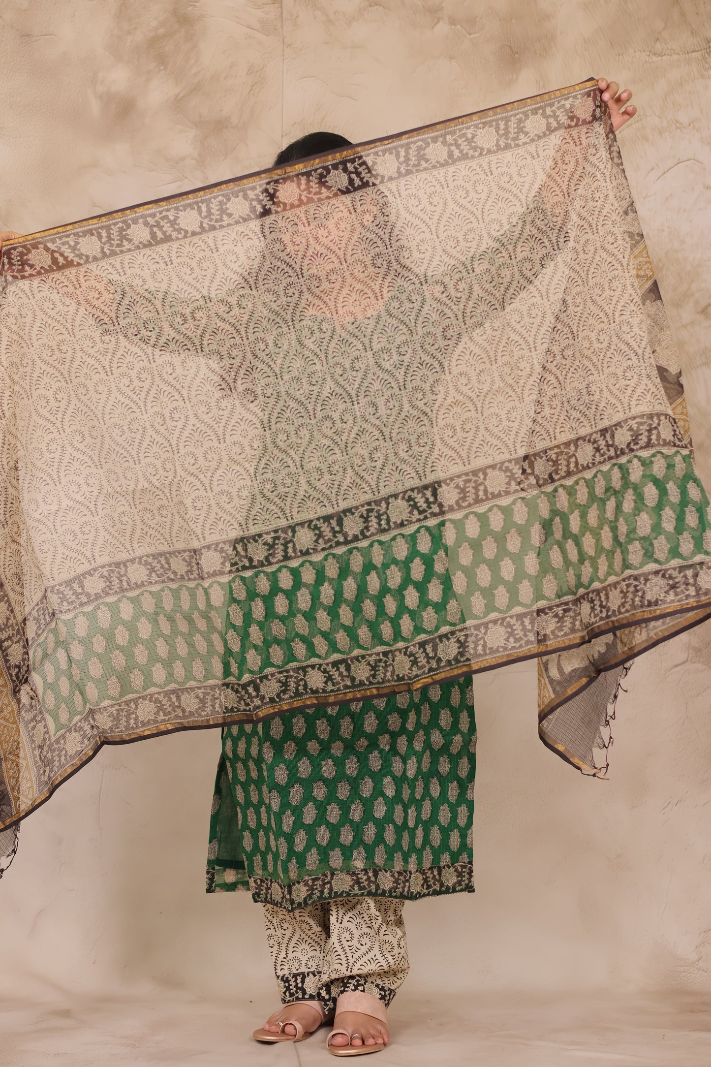 Green Handblock printed kota 3 piece suit (stitched)