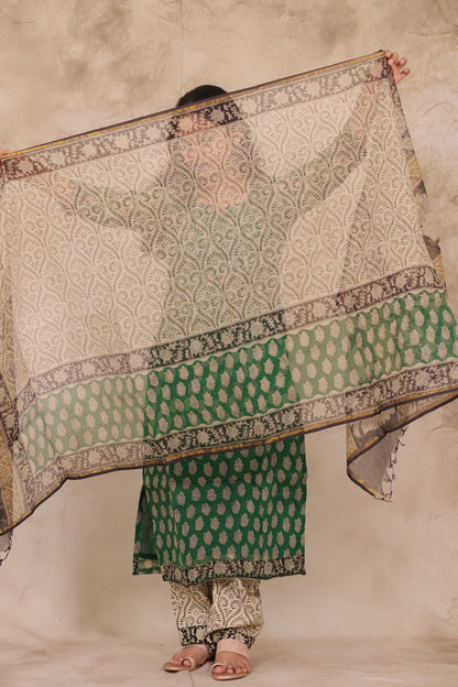 Green Handblock printed kota 3 piece suit (stitched)