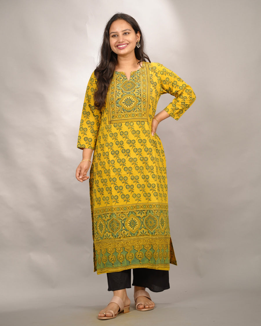 Mustard Yellow Ajrakh Pattern Hand Block printed Kurti | Looms & Tassels