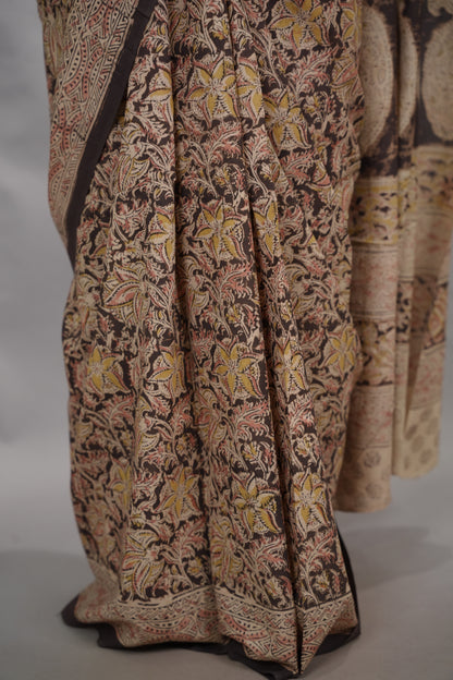 Grey Hand Block Printed Kalamkari Cotton Saree | Looms & Tassels