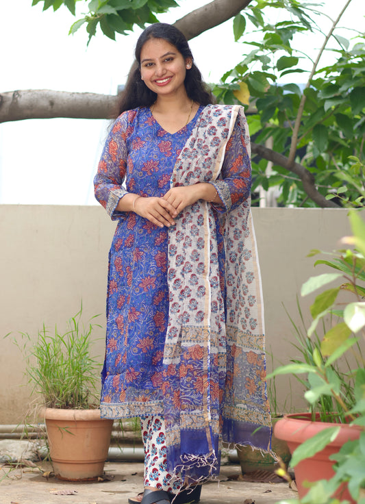 Blue Handblock printed kota 3 piece suit (stitched)