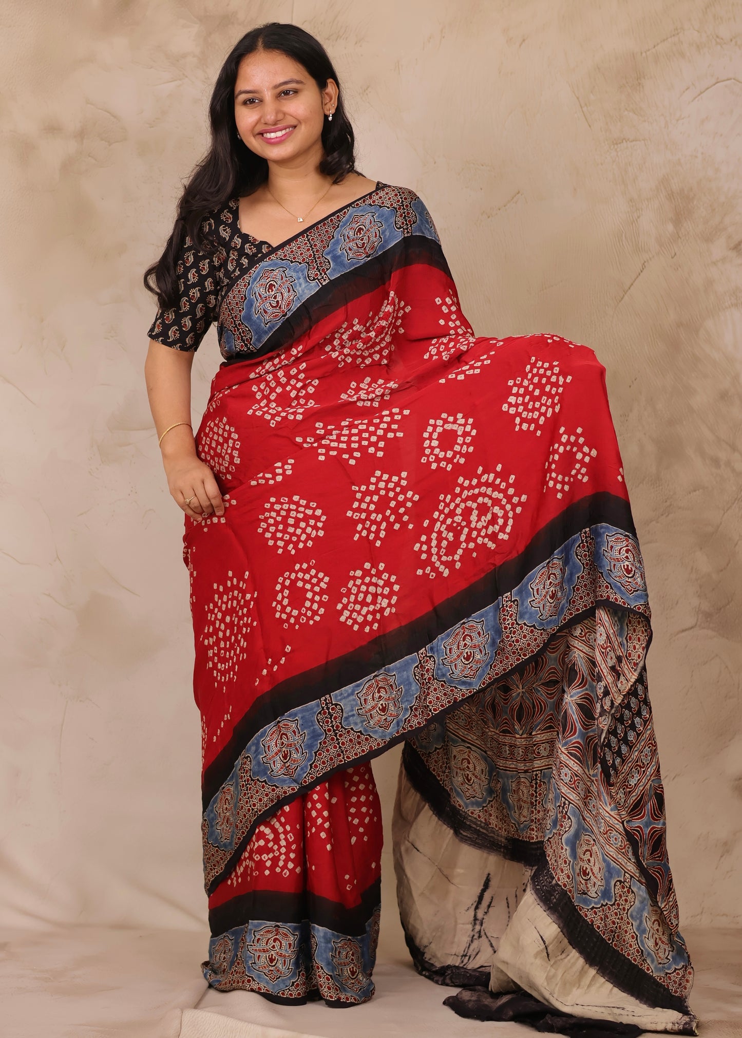 Red Hand Knotted Bandhej Arakh Modal Silk Saree with Lagdi Pallu | Looms & Tassels