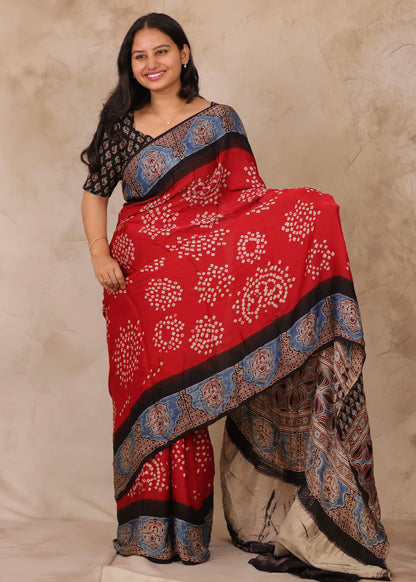 Red Hand Knotted Bandhej Arakh Modal Silk Saree with Lagdi Pallu | Looms & Tassels