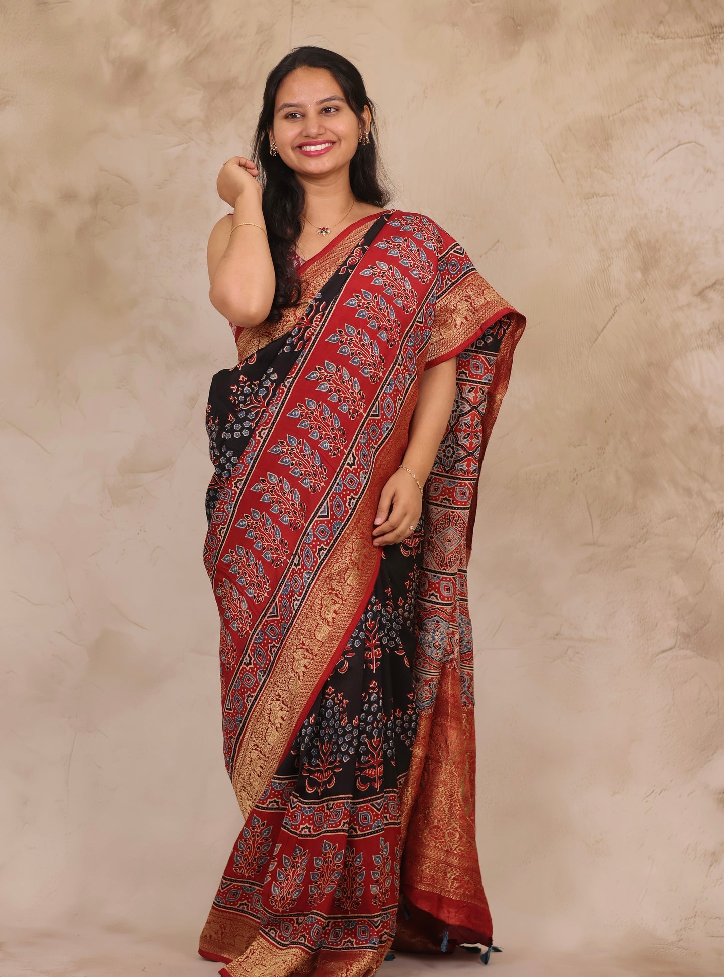 Black & Red Ajrakh Handblock printed Dola Silk Saree | Looms & Tassels