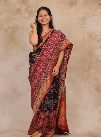 Black & Red Ajrakh Handblock printed Dola Silk Saree | Looms & Tassels