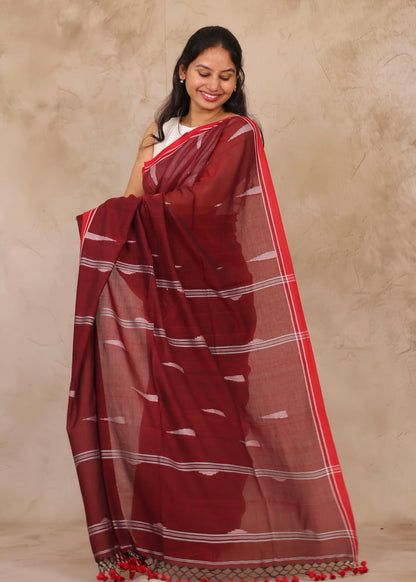 Maroon Handwoven Malai Cotton Saree| Looms & Tassels