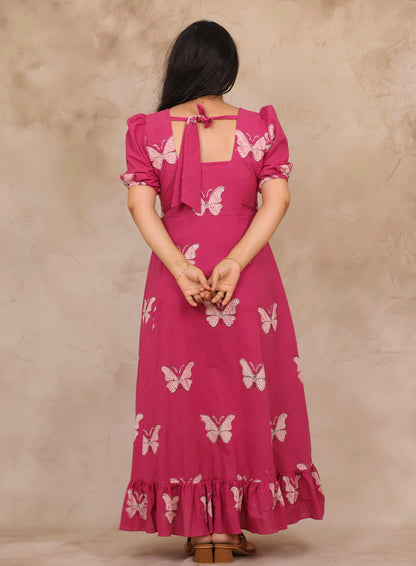 Pink Butterfly Print Pure Mul Cotton Maxi Dress | Looms & Tassels