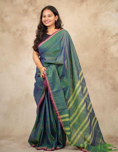 Green Duel Tone Narayanpet Cotton Saree lines weaving | Looms & Tassels