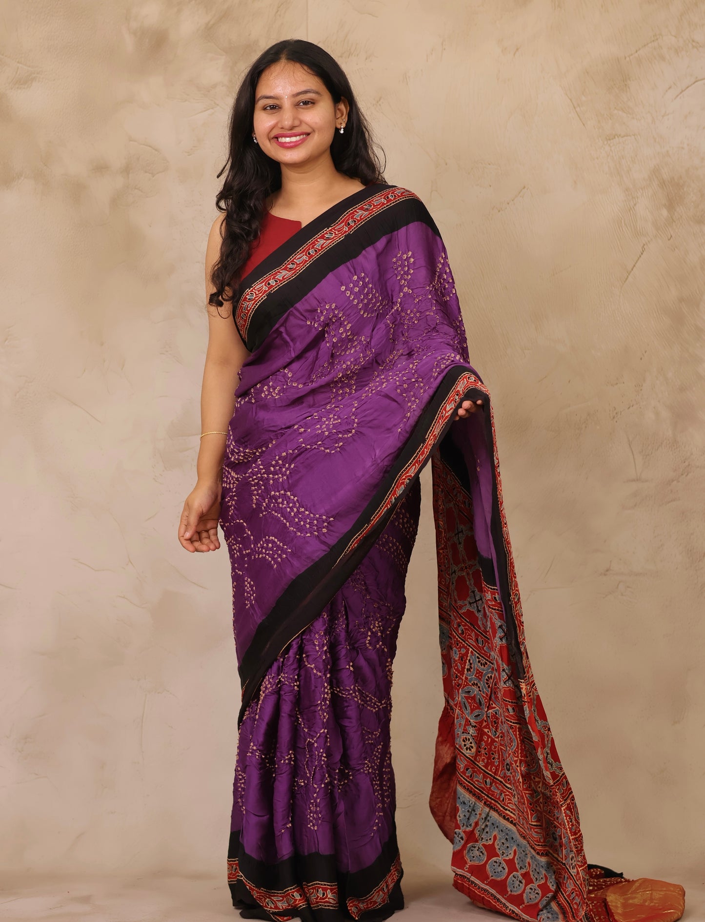 Violet Hand Knotted Bandhej Arakh Modal Silk Saree with Lagdi Pallu | Looms & Tassels