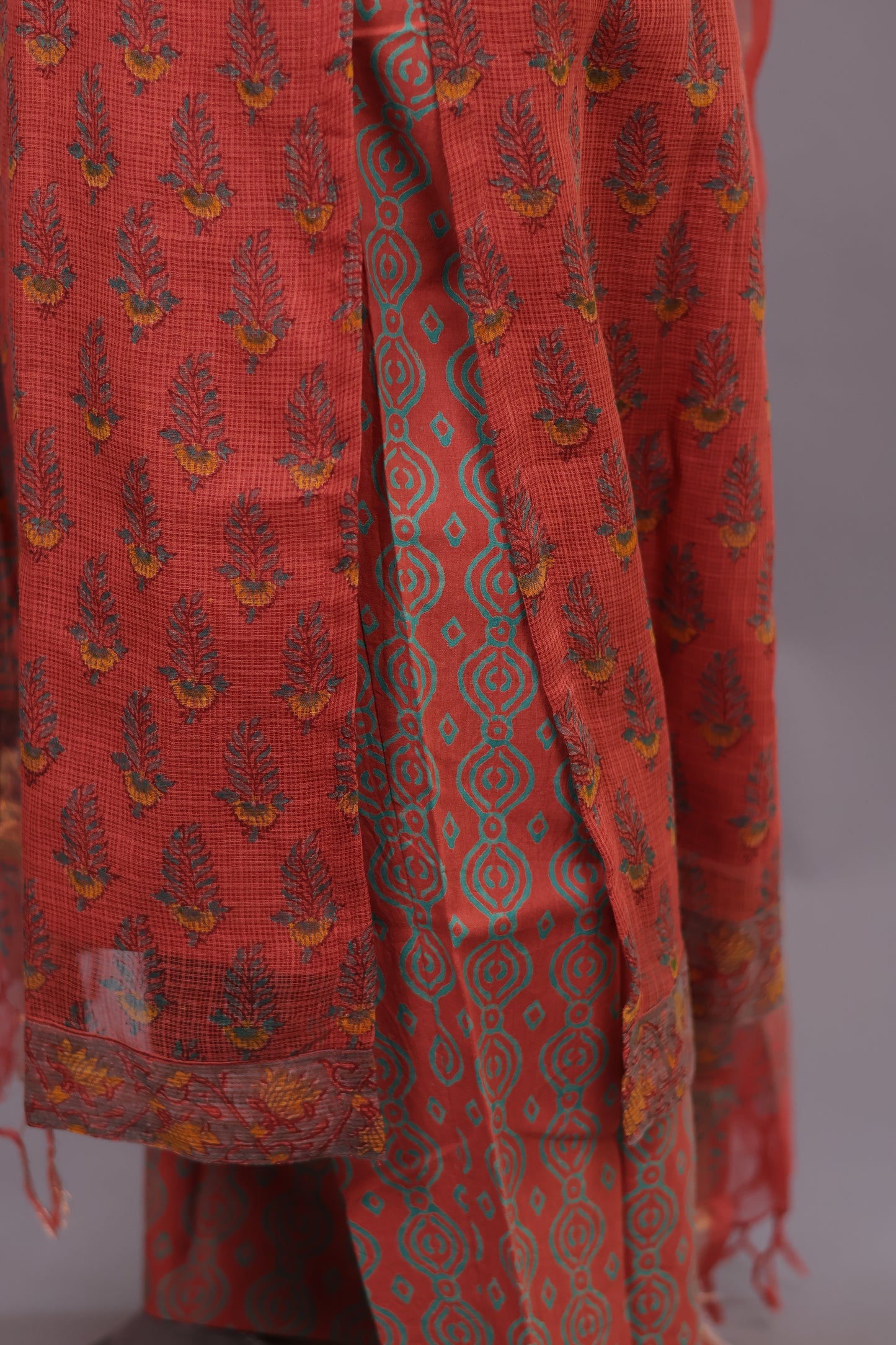 Rust orange Handblock printed kota 3 piece suit with chudi sleeves (stitched)