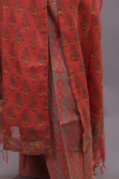 Rust orange Handblock printed kota 3 piece suit with chudi sleeves (stitched)