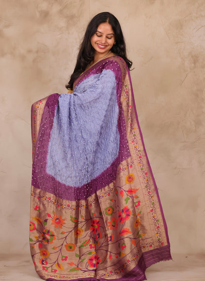 Lavender Blue & Purple Handcrafted Bandhani Paithani Dola Silk Saree | Looms & Tassels