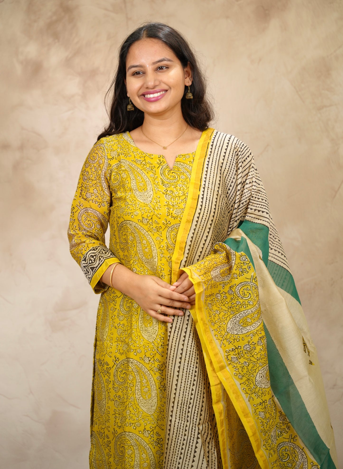 Yellow Handblock printed Pure Chenderi Silk 3 piece suit (stitched) |  Looms & Tassels